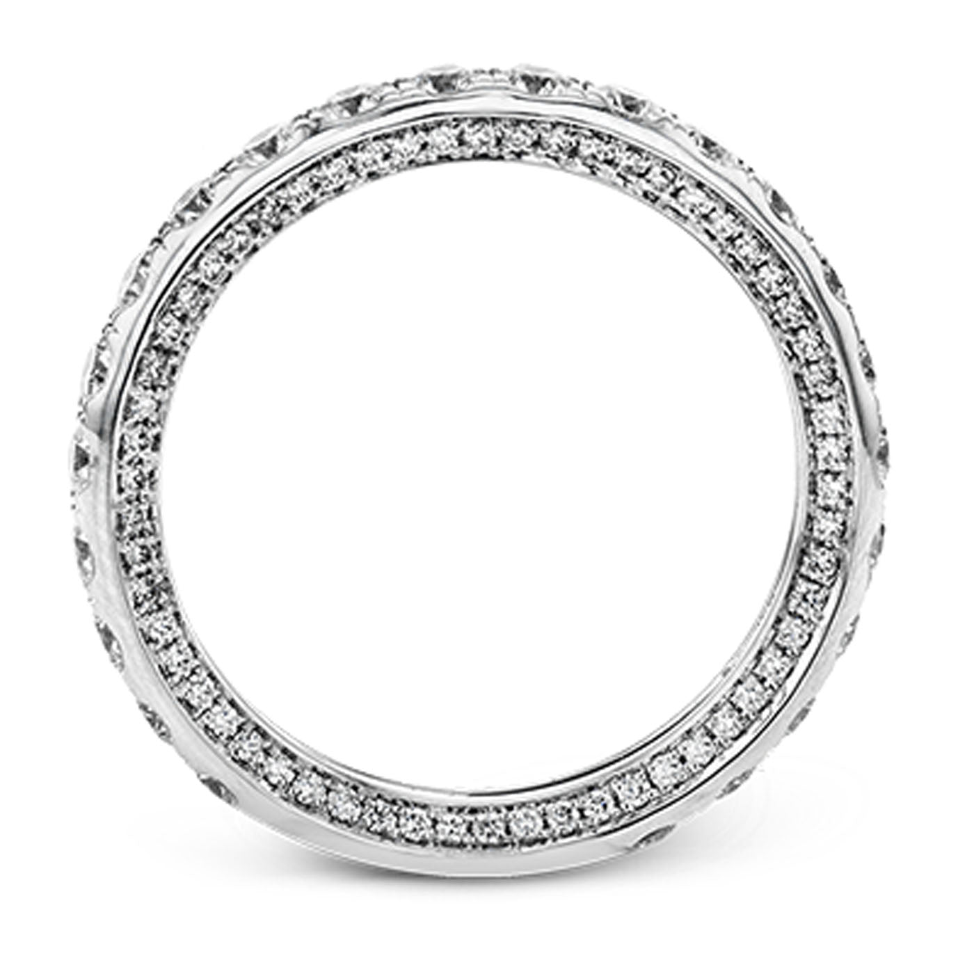 A close-up of the Simon G. 18K White Gold Diamond Anniversary Ring, featuring round white diamonds totaling 1.52 ctw, their sparkle forming a shimmering circular pattern against a plain white background.