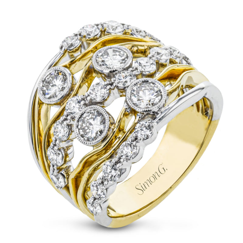 This exquisite Simon G. 18K White and Yellow Gold Diamond Fashion Ring elegantly blends gold with dazzling round diamonds. Its design boasts intertwining bands with intricate settings, embodying sophistication and luxury in every detail.