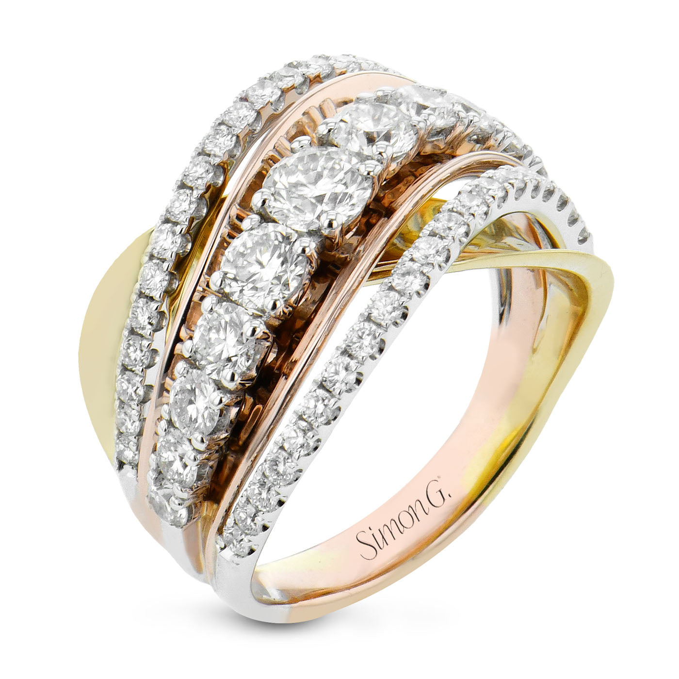 Introducing the Simon G. 18K Multi-Colour Gold Diamond Fashion Ring, a luxurious piece from Simon G. This statement ring flaunts multiple intertwined bands crafted in yellow, rose, and white gold. It is adorned with sparkling round and oval diamonds that beautifully enhance its elegant and sophisticated design. The ring is engraved with "Simon G." for an added touch of exclusivity.
