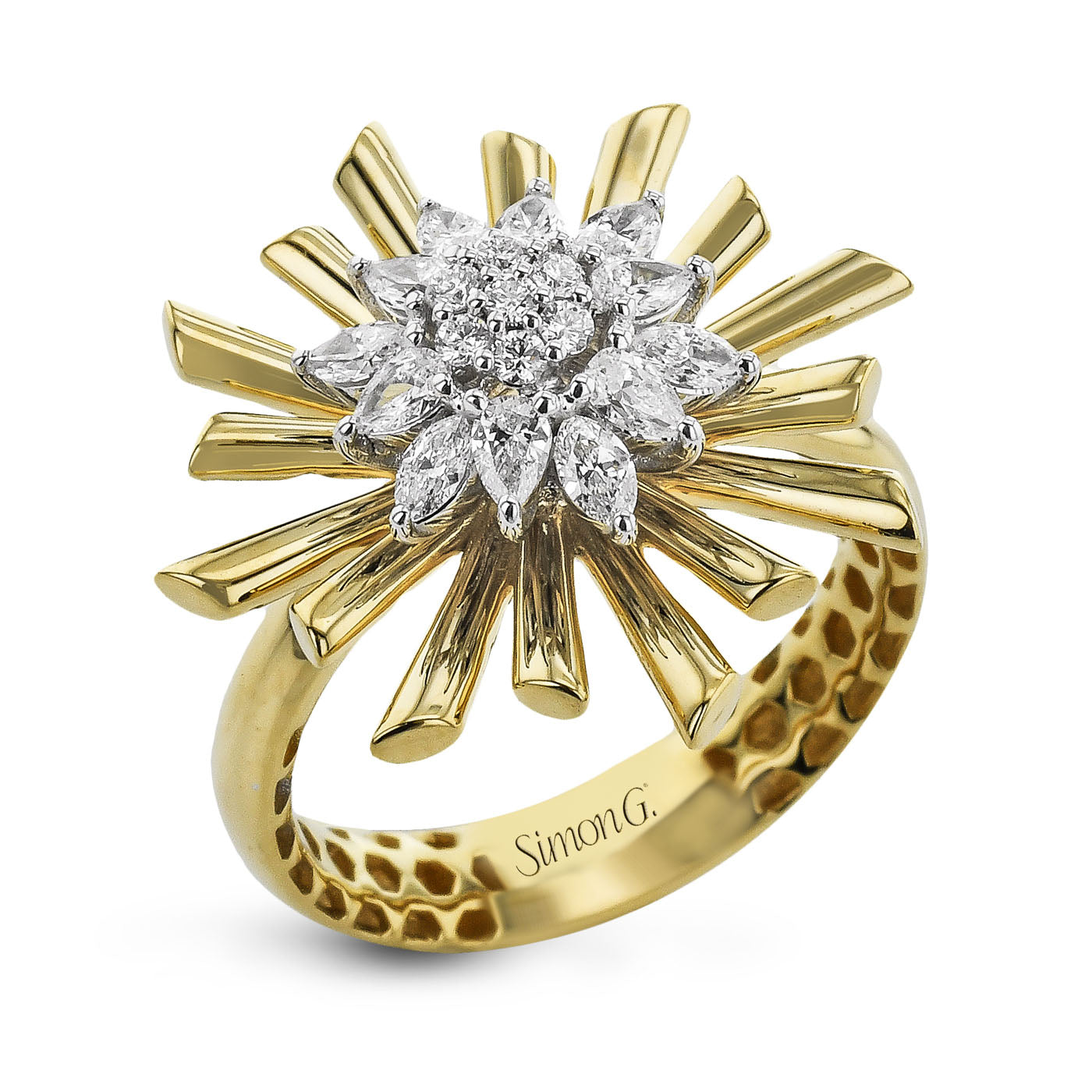 The Simon G. 18K Yellow Gold Multi-Shape Diamond Fashion Ring, crafted by Simon G, features a stunning sunburst design adorned with a cluster of marquise and round diamonds at its center. The textured band adds an elegant touch, making it the perfect statement piece.