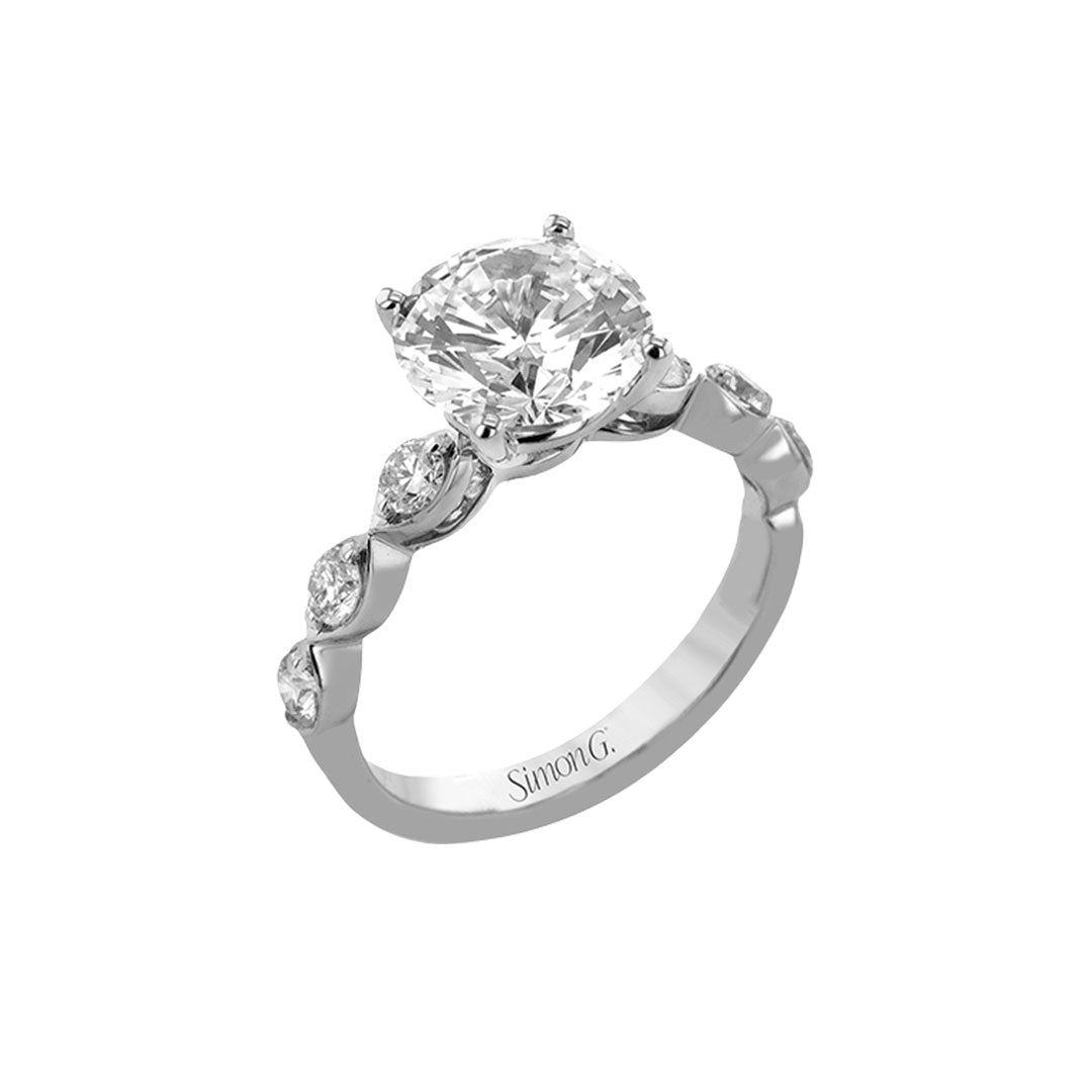The Simon G 18K White Gold Semi Mount Engagement Ring features a diamond band with marquise and round diamonds totaling 0.45 ctw, and "Simon G." engraved inside.