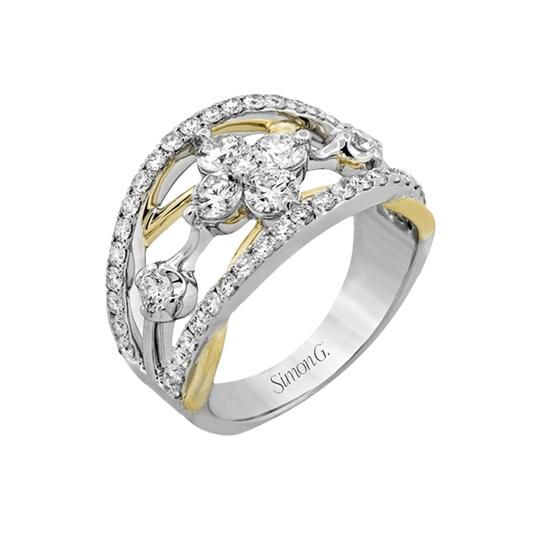 The Simon G. 18K White and Yellow Gold Diamond Fashion Ring features intricate openwork, clusters of round diamonds, a diamond-accented band, and "Simon G" engraved inside.
