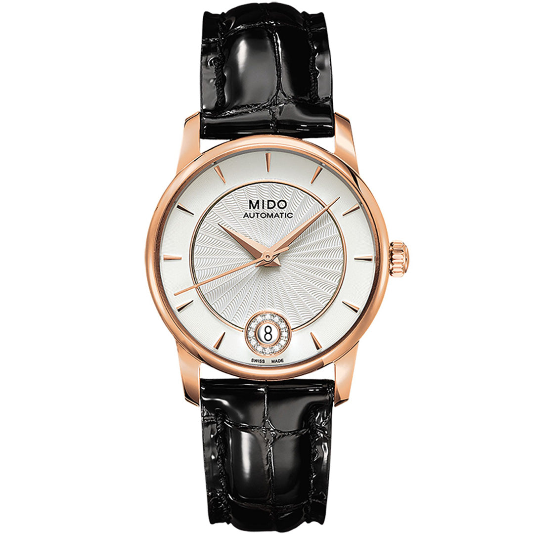 The MIDO Baroncelli II Lady Diamonds Automatic 33mm Watch features a textured silver dial, gold-tone details, date at 6 o’clock, automatic movement, and a black leather strap.