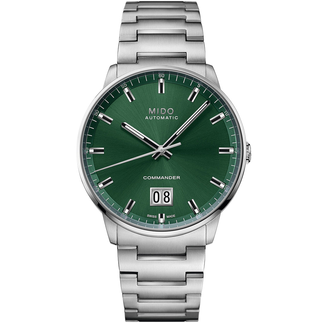 The MIDO Commander Big Date Automatic 42mm Watch features a green dial, silver markers and hands, Caliber 80 movement, date at 6 o’clock, metal link bracelet, and "MIDO" below 12 o’clock.