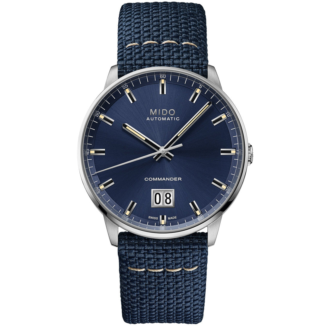 The MIDO Commander Big Date Automatic 42mm Watch features an 80-hour power reserve, blue textured strap and dial, silver markers and hands, a large date window at 6 o’clock, all powered by the Caliber 80 movement.