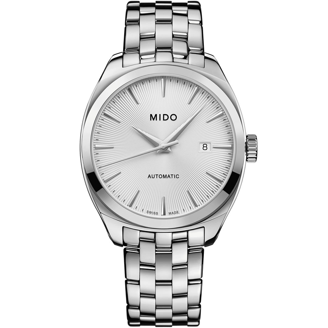 The MIDO Belluna Royal Gent Automatic 41.3mm features a silver-tone metallic bracelet, minimalist silver dial with silver hands and hour markers, date display at 3 o’clock, and "MIDO" and "AUTOMATIC" printed on the dial.