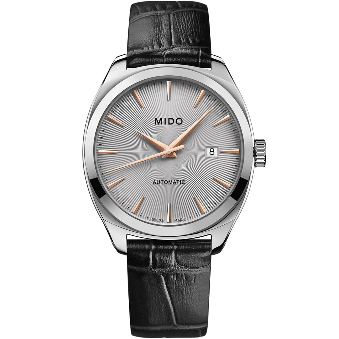 The MIDO Belluna Royal Gent Automatic 41.3mm Watch features a silver dial with rose gold markers and hands, date at 3 o'clock, black leather strap, Caliber 80 automatic movement, and a polished stainless steel case.