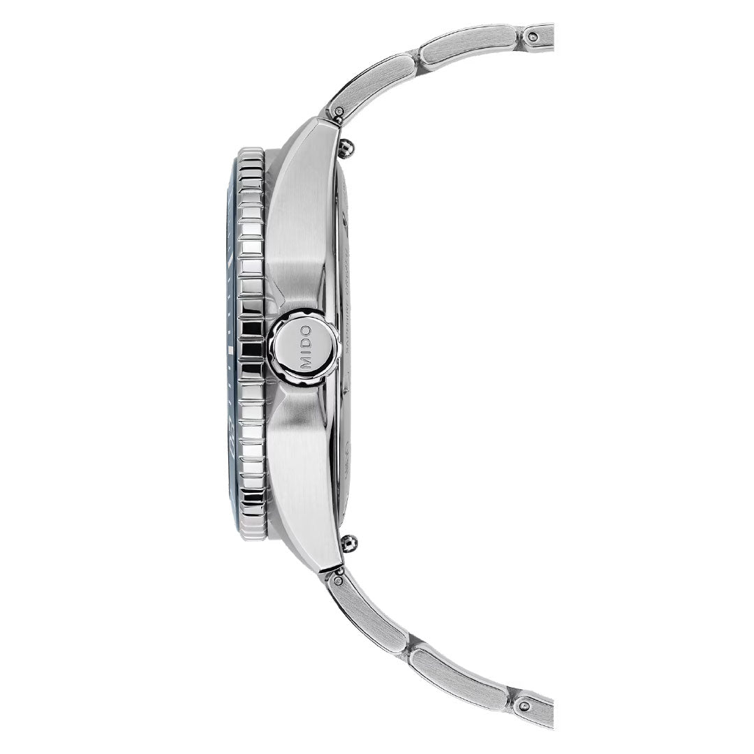 Side view of the MIDO Ocean Star GMT Automatic 44mm Watch, featuring a silver metal link band, round case, textured bezel, and crown marked "MIDO." The dial is hidden in this angle; design inspired by Ocean Star diving watches.