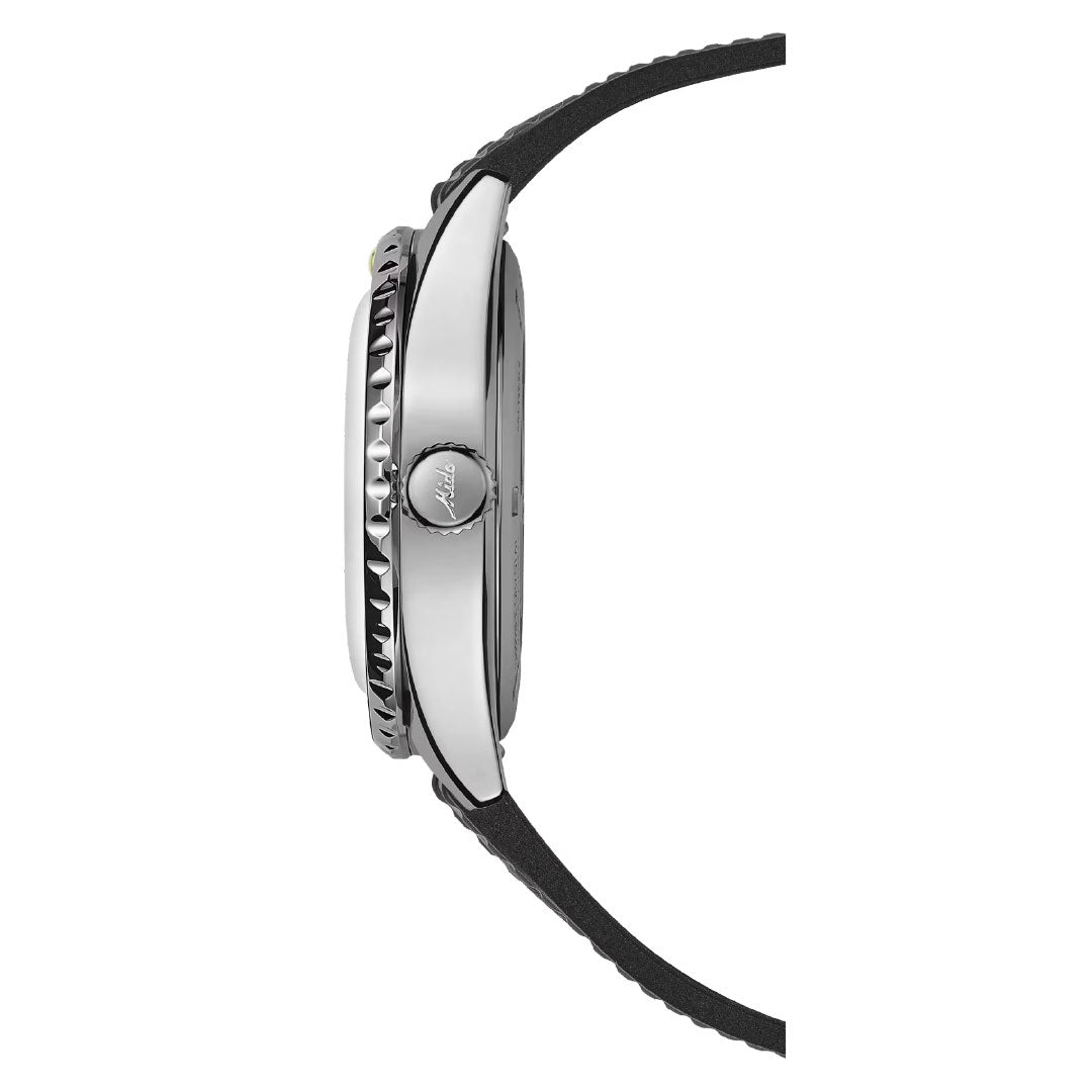 Side view of the MIDO Ocean Star Decompression World Timer Automatic 40.5mm Watch: round silver-toned case, textured bezel, branded crown, and black leather strap.