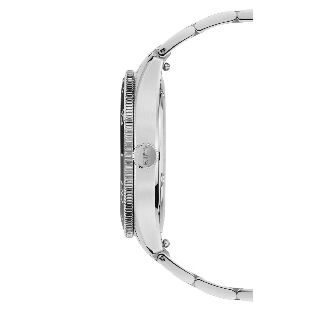 Side view of the MIDO Ocean Star 39mm Automatic Watch in silver with a metal bracelet, visible crown, smooth round case, and ridged bezel. The watch face isn’t shown; an automatic design from MIDO that's water-resistant.