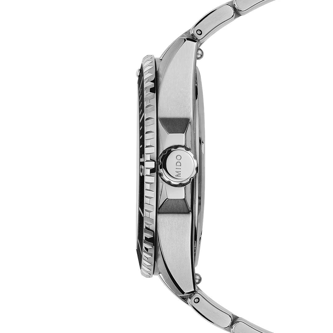 Side view of the MIDO Ocean Star 200 Automatic 41mm Watch in silver, featuring a crown engraved with “MIDO,” the distinctive ridged bezel edge, and water-resistant metal bracelet links.