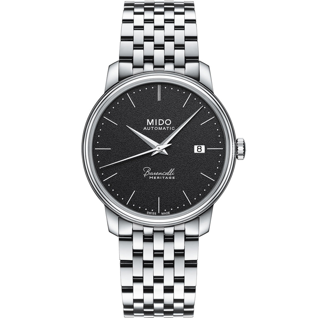 The MIDO Baroncelli III Heritage Gent Automatic 39mm watch features a black textured dial, silver markers and hands, a date at 3 o'clock, and a polished silver bracelet—elegant style with automatic movement from MIDO.