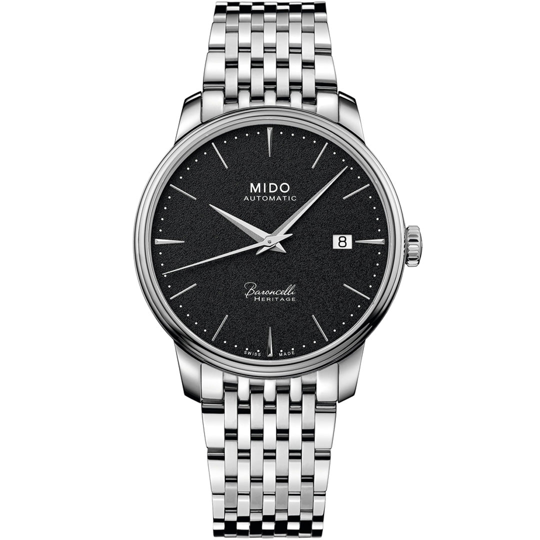 The MIDO Baroncelli Heritage Automatic 39mm Watch features a silver case, black textured dial with silver markers, date display at 3 o’clock, stainless steel bracelet, and "Baroncelli Heritage" above 6 o’clock—showcasing classic Swiss craftsmanship.