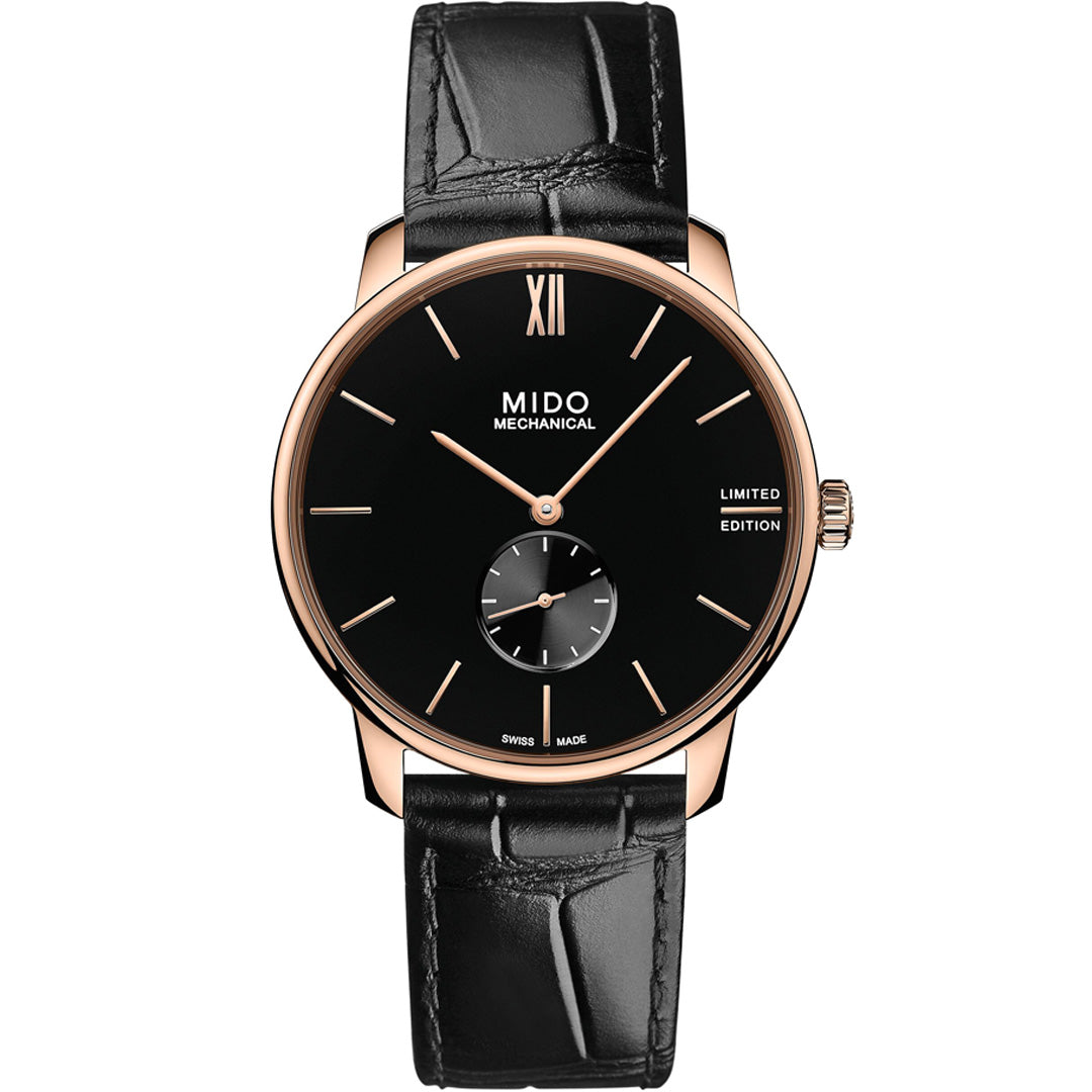 The MIDO Baroncelli II Mechanical Limited Edition Manual 39mm Watch features a black dial with gold hour markers, small seconds subdial, "LIMITED EDITION" text, and a black leather strap, powered by a hand-wound mechanical movement.