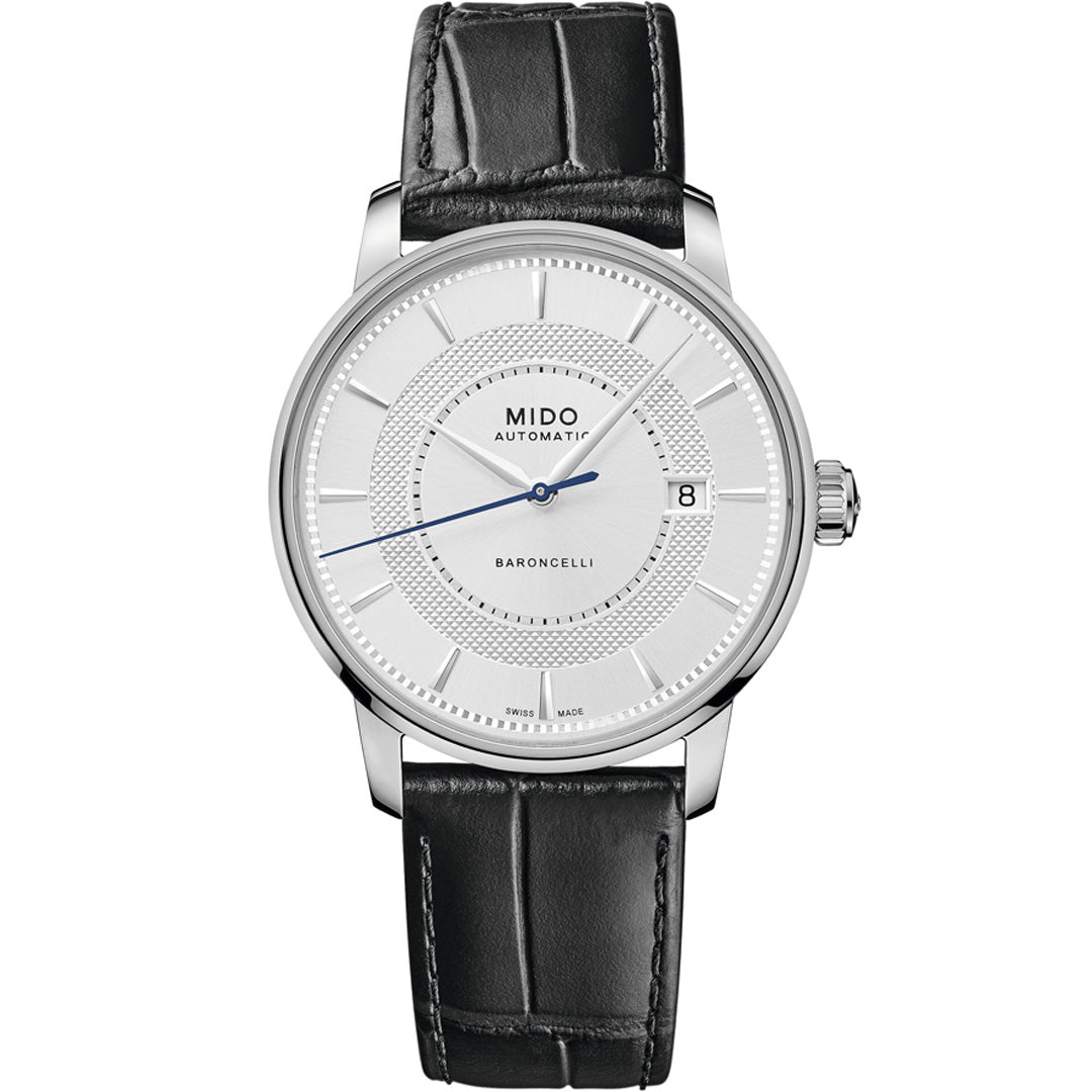 The MIDO Baroncelli II Signature Gent Automatic 39mm Watch features a silver case, white textured dial, blue second hand, Nivachron balance-spring, date at 3 o’clock, and a black leather strap.