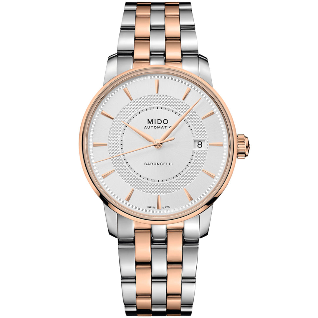 The MIDO Baroncelli II Signature Gent Automatic 39mm Watch features a silver and rose gold metal strap, white dial, gold hour markers and hands, date window at 3 o’clock, and a Nivachron balance-spring for precision performance.
