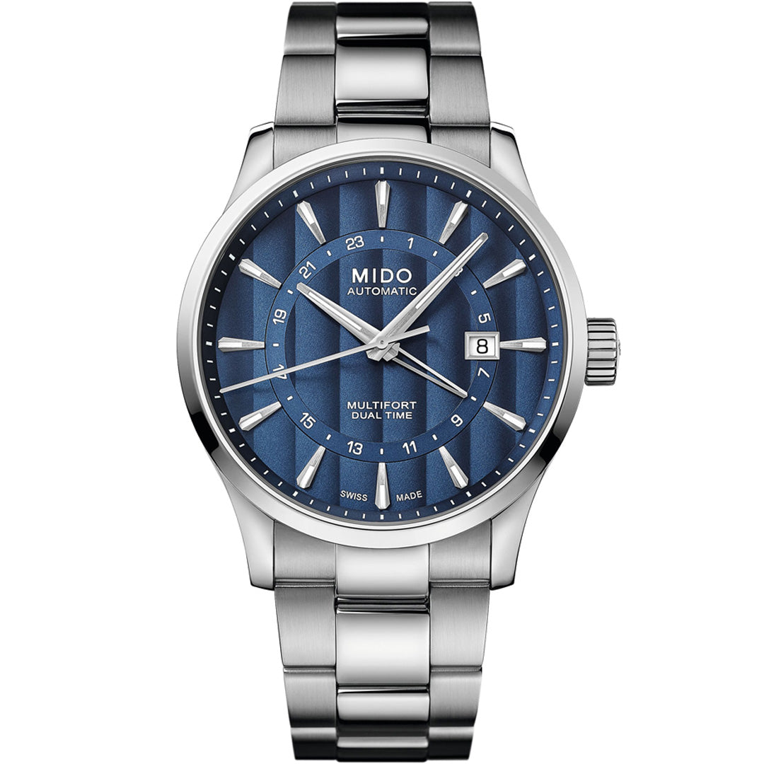 The MIDO Multifort GMT Automatic 42mm watch features a silver stainless steel case, blue patterned dial with silver hour markers, date at 3 o’clock, link bracelet, and is powered by the Caliber 80 automatic movement.
