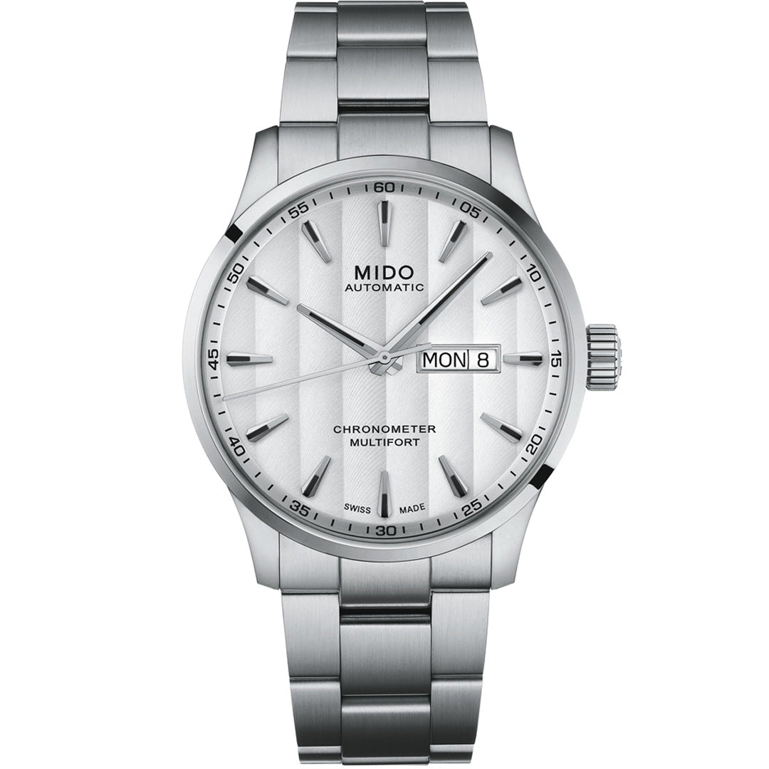 The MIDO Multifort Chronometer 1 Automatic 42mm Watch features a stainless steel band, silver dial with silver markers, Caliber 80 automatic movement with silicon tech, day-date display, and "MIDO AUTOMATIC CHRONOMETER MULTIFORT" on the face.