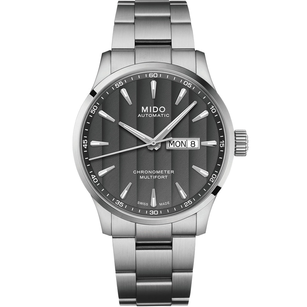 The MIDO Multifort Chronometer 1 Automatic 42mm Watch features a gray dial with silver markers and hands, day-date display at 3 o’clock, Caliber 80 automatic movement, and a metal link bracelet for classic style.