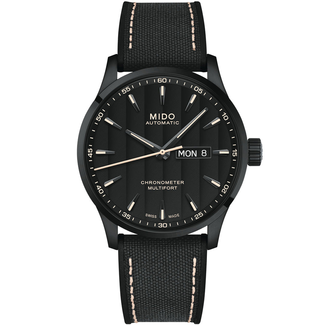 The MIDO Multifort Chronometer 1 Automatic 42mm Watch features a black dial, black fabric strap, silver hands and indices, and a day-date window displaying "Mon 8" on the right.