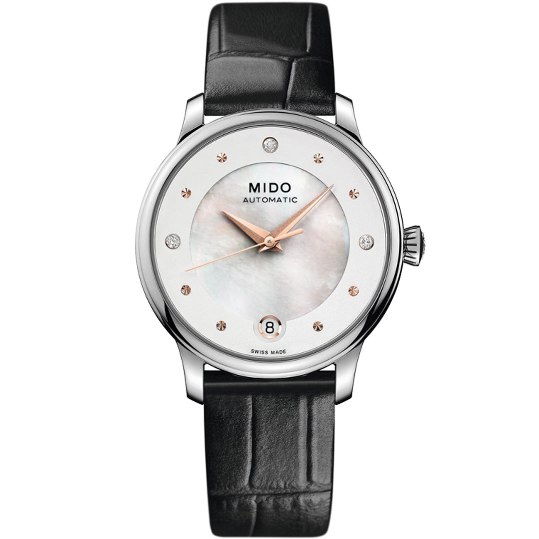 The MIDO Baroncelli II Lady Day & Night Automatic 33mm Watch features an automatic movement, white mother-of-pearl dial, rose gold markers, silver case, date at 6 o’clock, and a black leather strap.