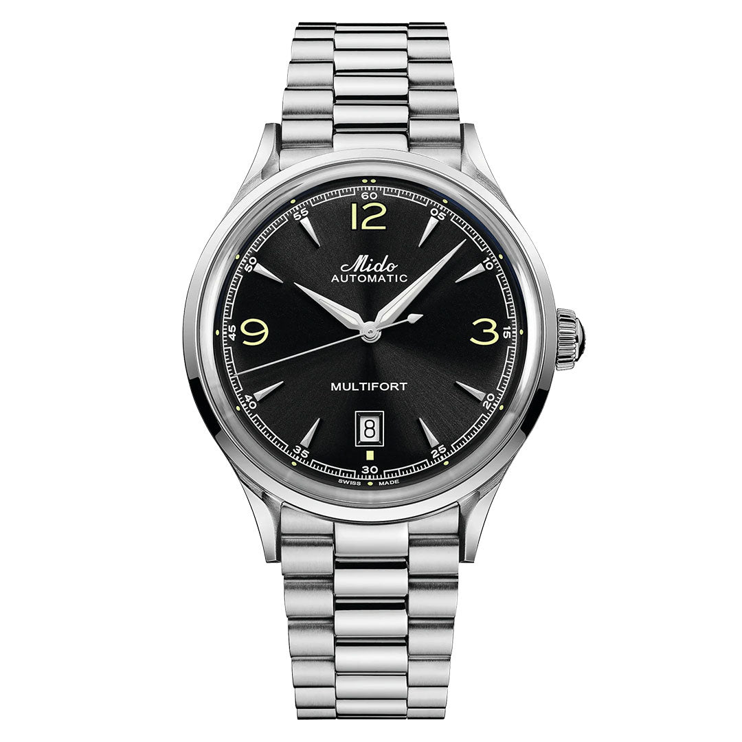 The MIDO Multifort Powerwind Automatic 40mm Watch features a silver case, black dial with silver hour markers, numerals at 3, 9, and 12, a date window at 6 o’clock, and a metal link bracelet.