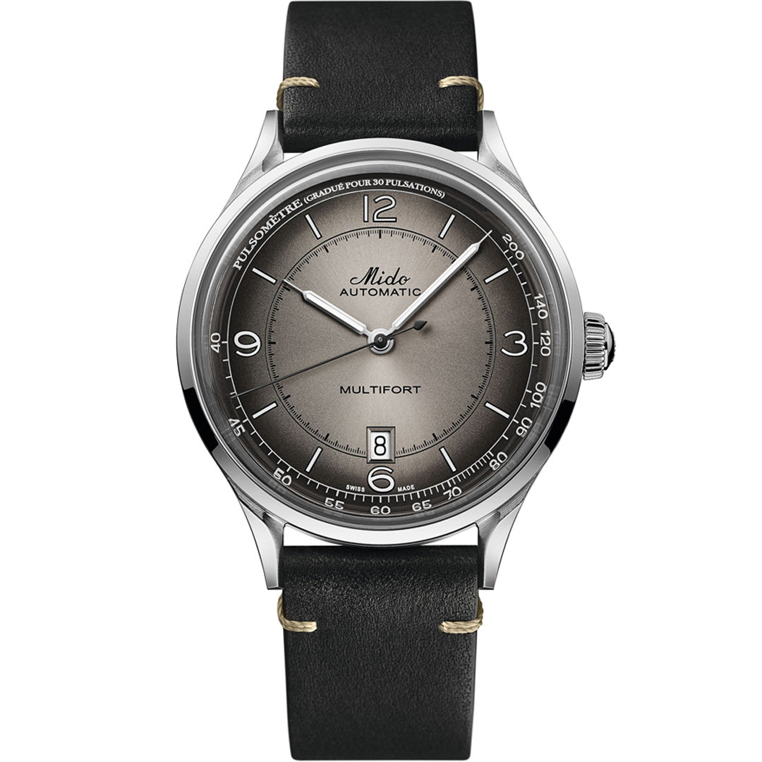 The MIDO Multifort Patrimony Automatic 40mm Watch features a Caliber 80 movement, black leather strap, silver-tone case, grey gradient dial with silver markers, date at 6 o'clock, pulsimeter scale, and extended power reserve.
