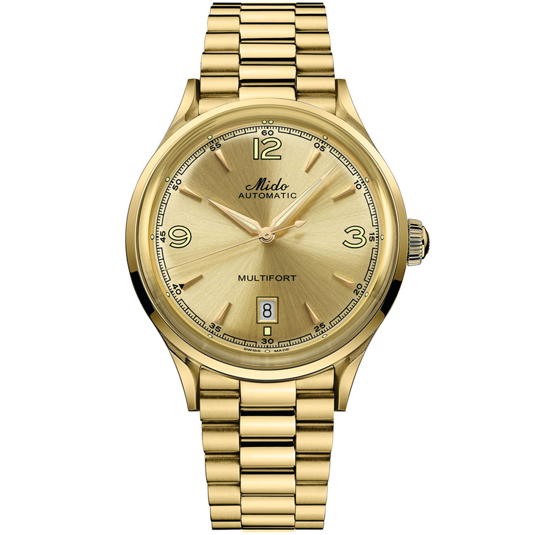 The MIDO Multifort Powerwind Automatic 40mm Watch features a gold case and bracelet, gold sunburst dial, silver hour markers, Arabic numerals at 3, 9, and 12, plus a date window at 6 o’clock.