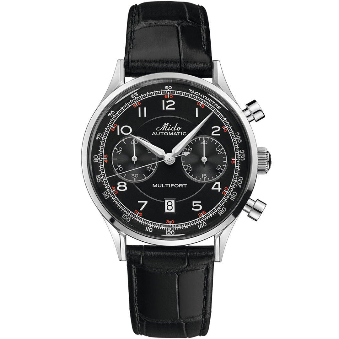 The MIDO Multifort Patrimony Chronograph Automatic 42mm watch features a black dial with silver indices, three subdials, date at 6 o’clock, tachymeter scale, Caliber 60 movement, and a black leather strap.