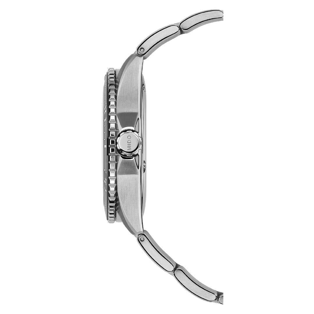 Side view of the MIDO Ocean Star 200C Automatic 42.5mm watch, featuring a silver metal link band, ceramic bezel, and centrally positioned crown; the watch face is not shown.