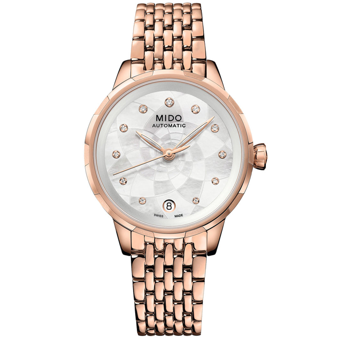 The MIDO Rainflower Automatic 34mm Watch features a rose gold case, white round face with diamond hour markers, date display at 6 o’clock, and a rose gold bracelet—ideal for lovers of elegant women's watches.
