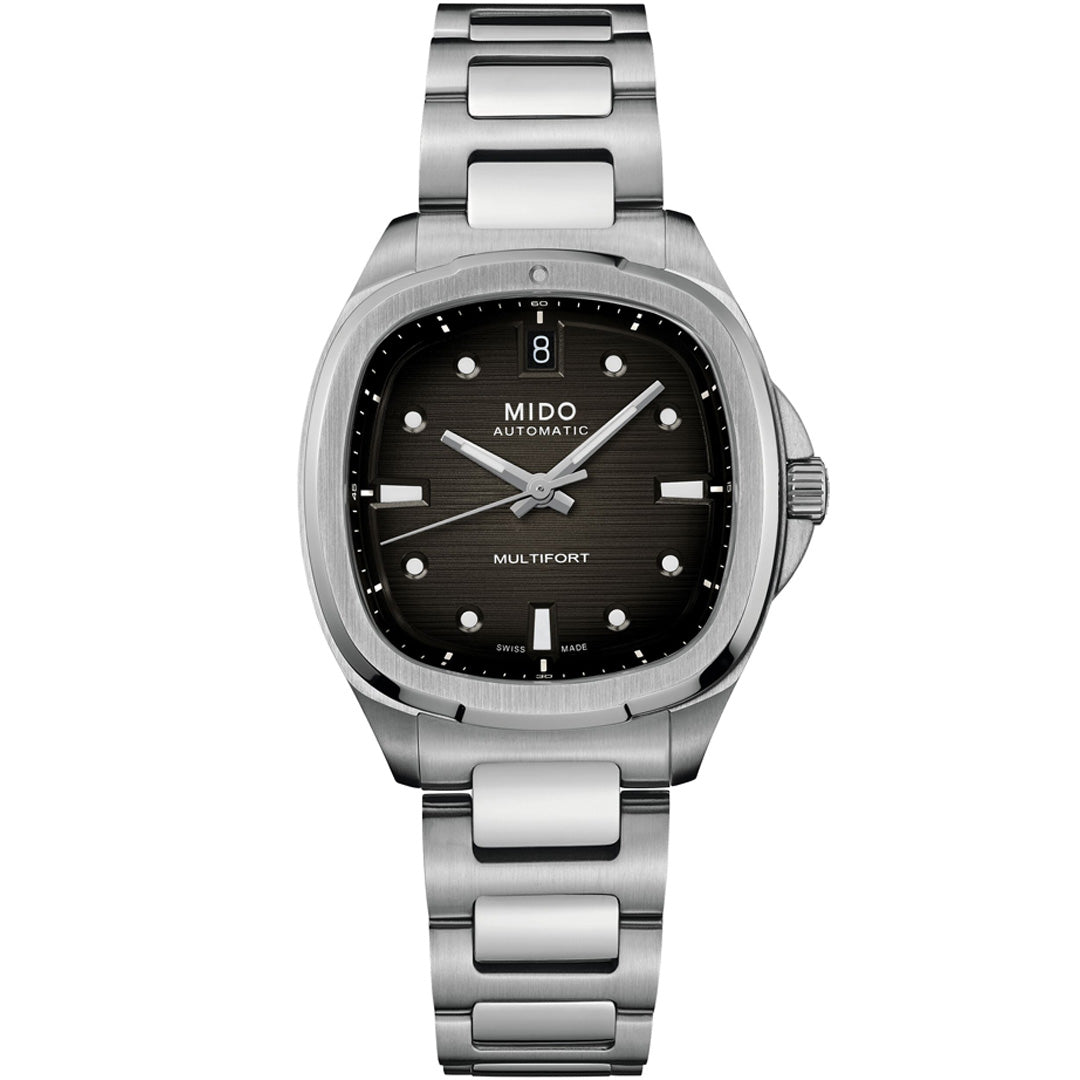 The MIDO Multifort TV 35 Automatic 35mm Watch features a stainless steel case, black dial with silver markers, date at 12 o'clock, and a metal link bracelet.