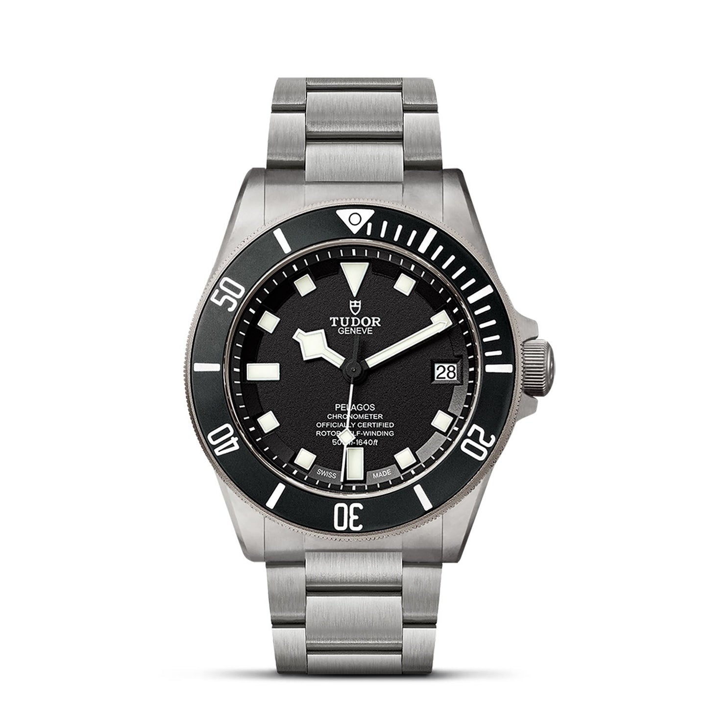 Introducing the TUDOR Pelagos, a sophisticated watch with a sleek silver frame and black dial. This timepiece features white hour markers and hands, complemented by the brand name and a convenient date display at the 3 o'clock position. It comes with a durable titanium bracelet, making it perfect for enthusiasts of divers' watches due to its impressive waterproof capability up to 500 meters.
