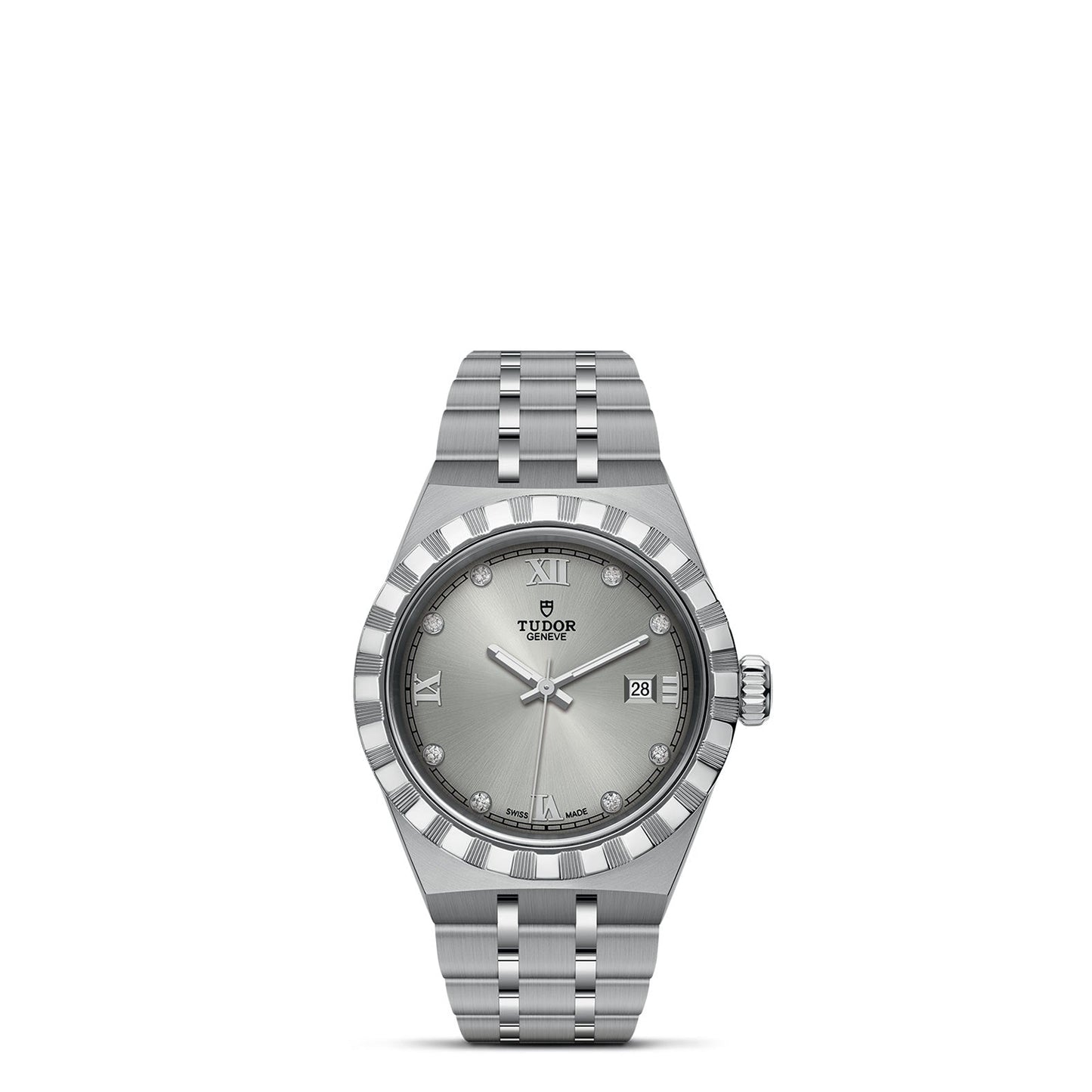The TUDOR Royal, crafted by TUDOR, showcases a refined round dial embellished with Roman numerals and diamond hour markers. Its band, made of stainless steel and gold, forms an elegant metal bracelet. This sport-chic timepiece is powered by automatic movement, featuring a date display and a distinctive fluted bezel design.