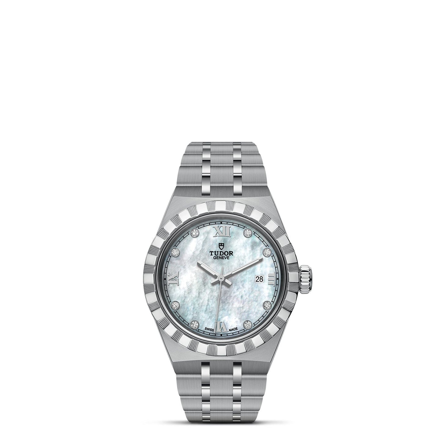 The TUDOR Royal wristwatch from TUDOR is crafted in stainless steel with gold accents, and features a mother-of-pearl dial beautifully embellished with Roman numerals and diamond hour markers. A date display is positioned at 3 o'clock, and both the bezel and bracelet highlight alternating polished and brushed finishes for an automatic sport-chic look.