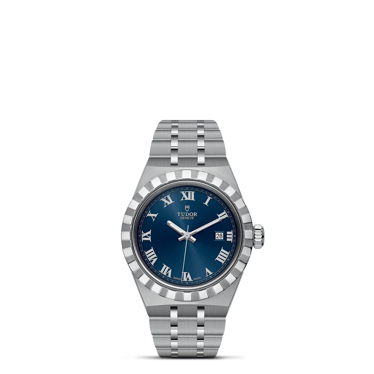 The TUDOR Royal is a sophisticated men's wristwatch featuring a silver finish and a blue dial adorned with Roman numerals and a date display at 3 o'clock. It includes an elegant stainless steel band and a fluted bezel, providing an automatic sport-chic style that perfectly combines elegance with practicality.