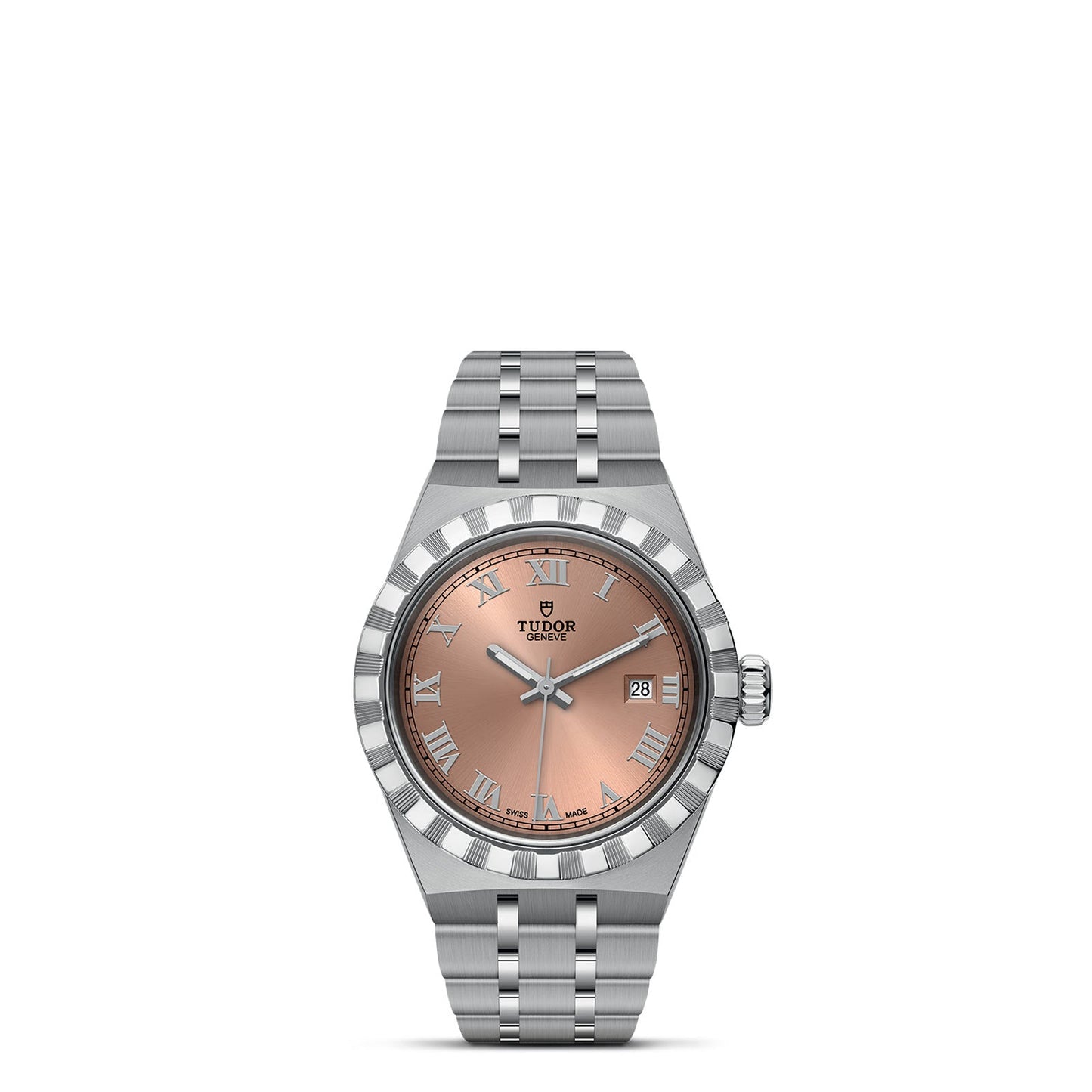 The TUDOR Royal wristwatch features a pink dial adorned with Roman numerals and a date display, accentuated by a delicate sunburst effect. Its construction from stainless steel and gold exudes elegance, while the link bracelet complements its sporty yet chic design. The TUDOR logo is prominently displayed just below the 12 o'clock position.