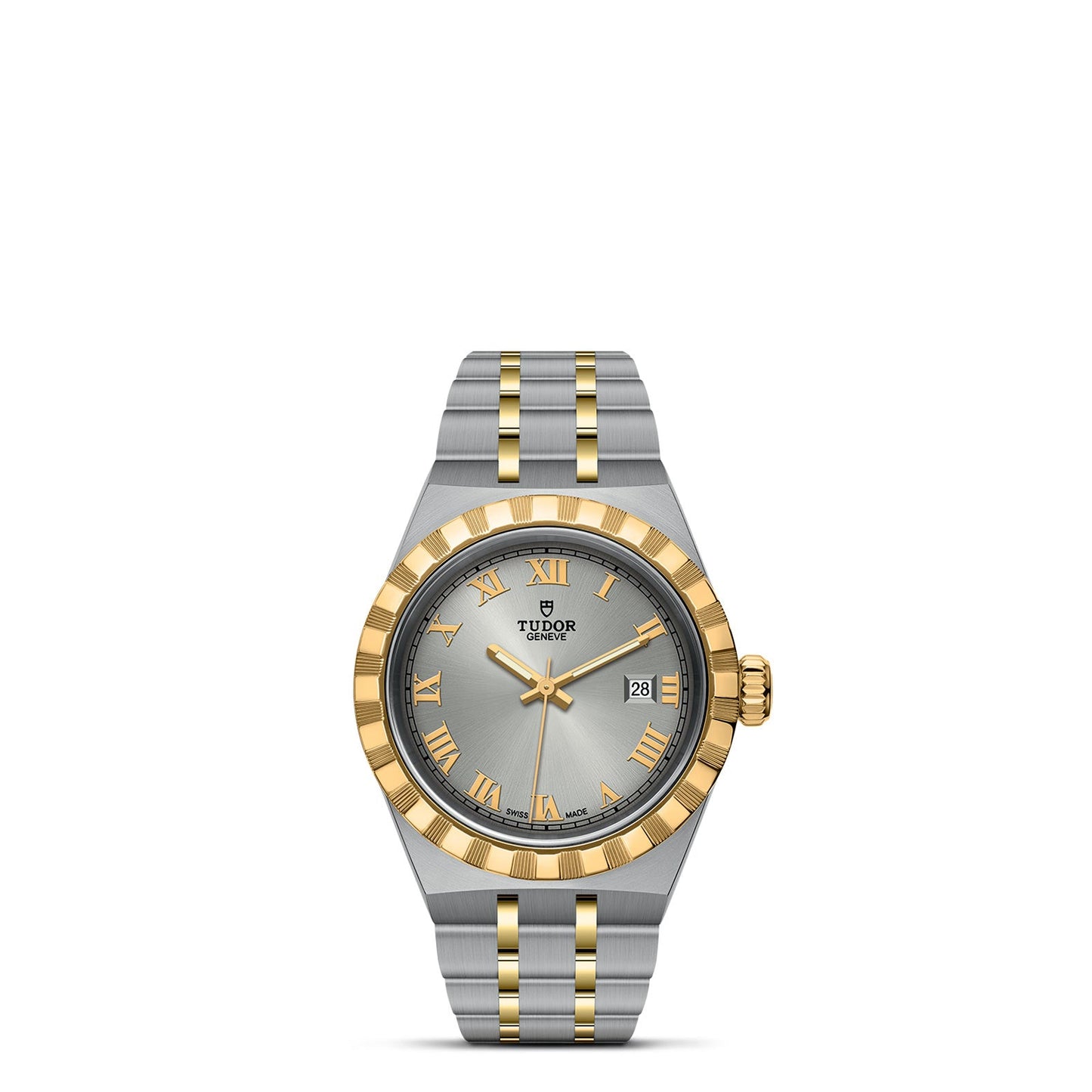 The TUDOR Royal, from the esteemed brand TUDOR, is a luxurious wristwatch featuring a metal bracelet crafted from stainless steel and gold. Its round face displays a silver dial adorned with gold Roman numerals, gold hands, and a date display. The watch's sophisticated design is enhanced by a ridged gold bezel, perfectly merging sport-chic style with an elegant touch.