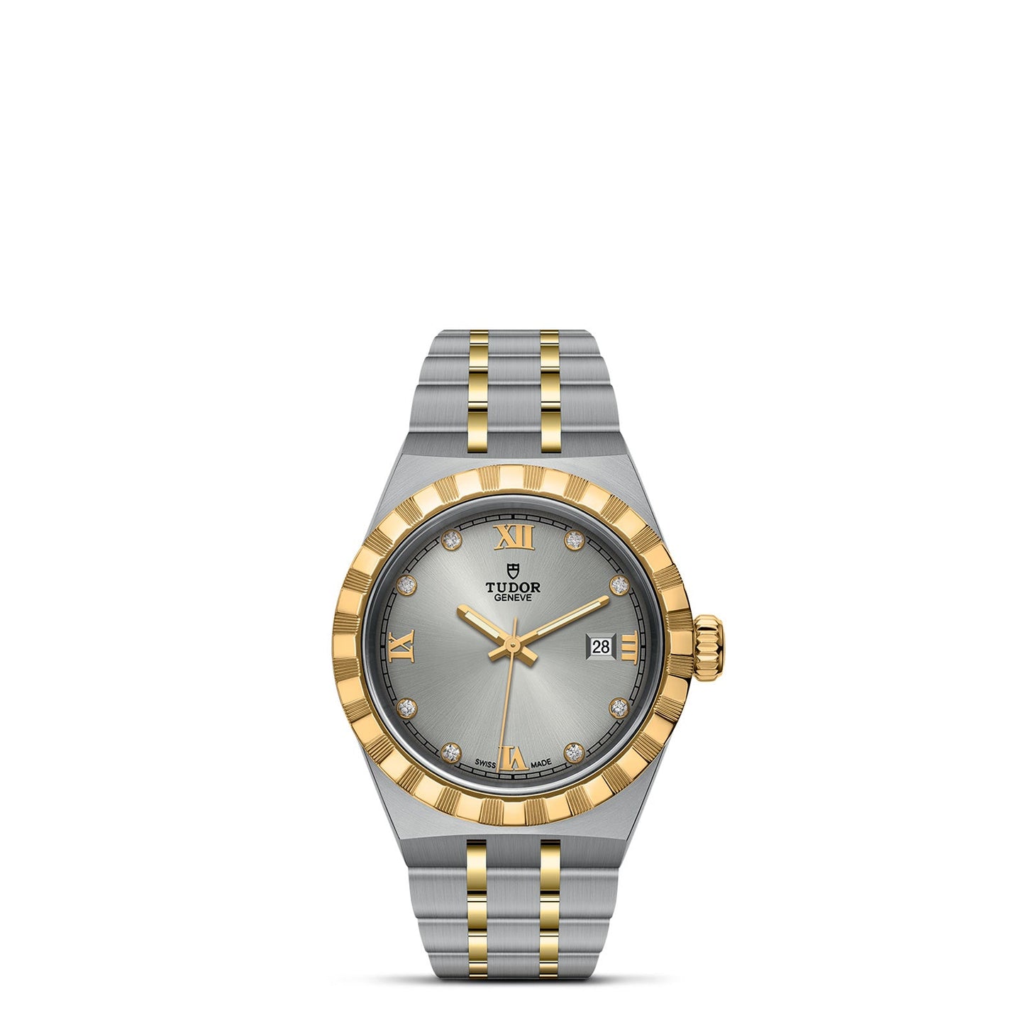 Introducing the TUDOR Royal by TUDOR, a breathtaking two-tone wristwatch featuring an elegant silver and gold design. This automatic sport-chic timepiece boasts a light gray dial adorned with gold Roman numerals and diamond hour markers. Complete with a date display and a sophisticated stainless steel and gold bracelet, it truly embodies elegance.