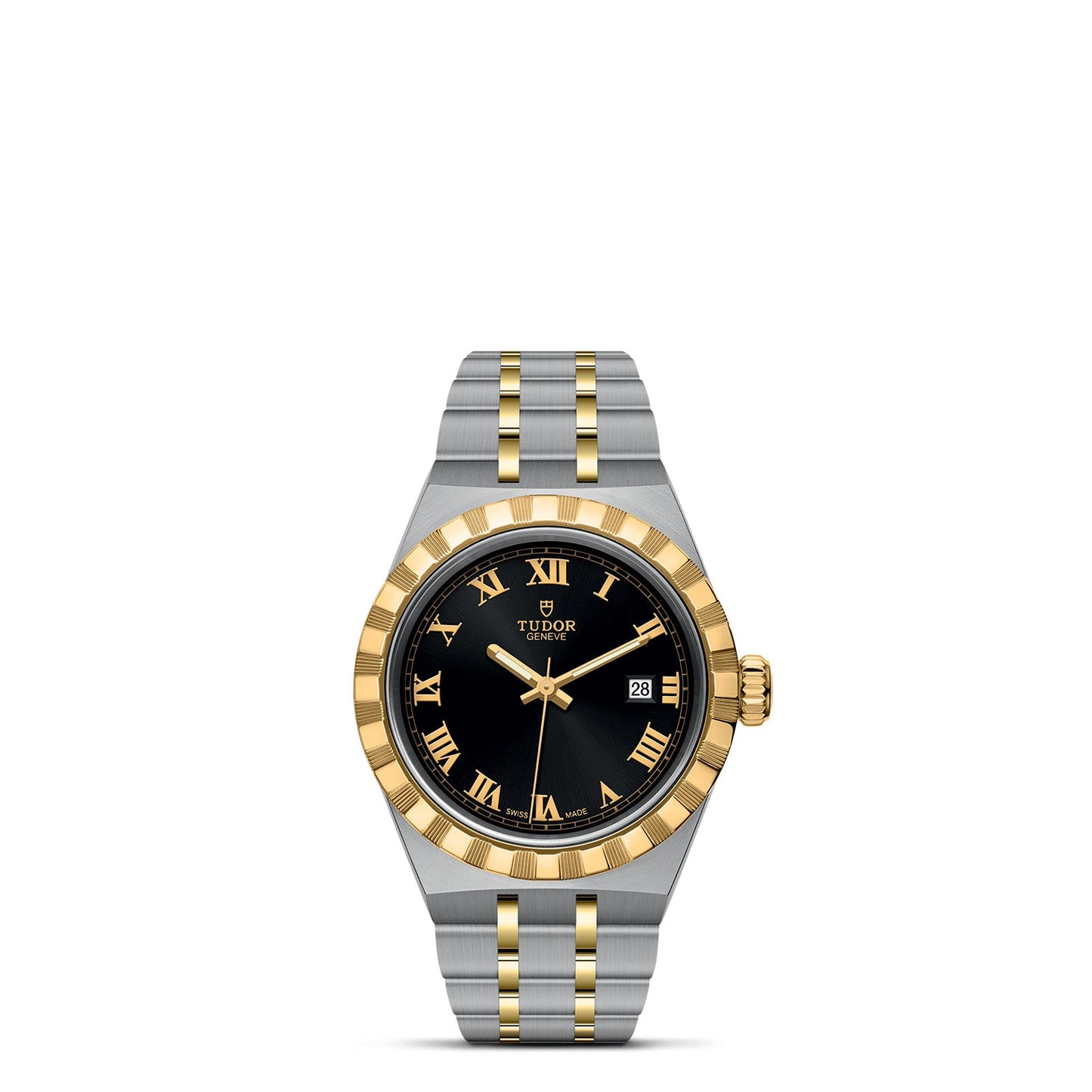 The TUDOR Royal by TUDOR showcases a black dial accented with gold Roman numerals and is complemented by an elegant gold and silver metal strap. Its stainless steel and gold bezel, featuring intricate ridged detailing, exudes sophistication, while the date display at 3 o'clock brings a timeless element to this sport-chic masterpiece.