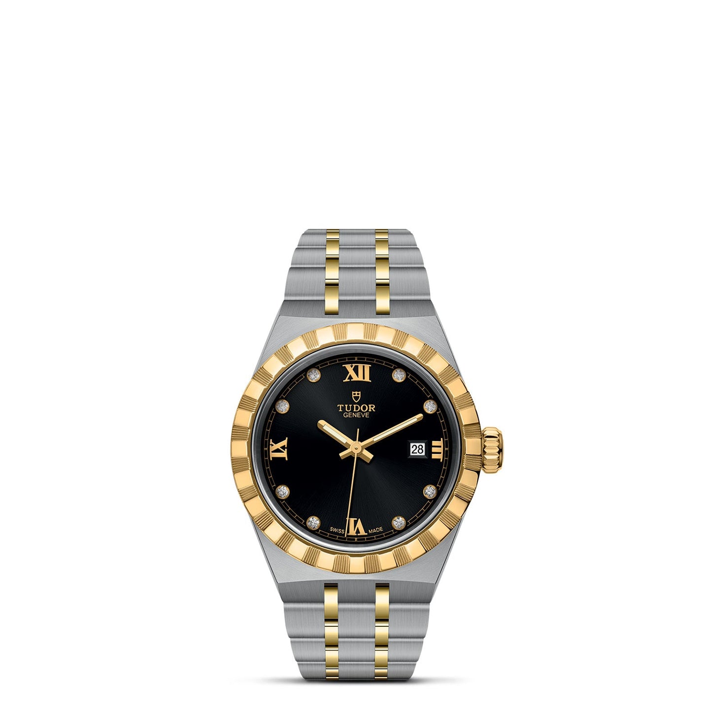 The TUDOR Royal is a luxury wristwatch by TUDOR, featuring a sophisticated stainless steel and gold-toned strap. It boasts a black dial adorned with gold Roman numeral markers and includes a date display at the 3 o'clock position. Its automatic sport-chic allure is further enhanced by a gold-toned, fluted bezel.