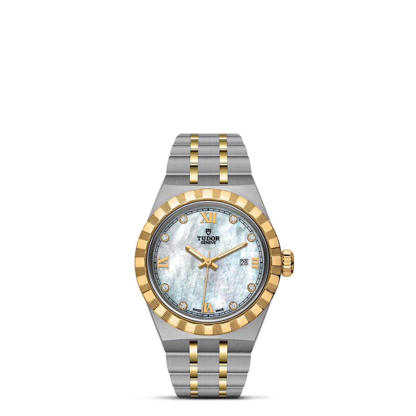 Introducing the TUDOR Royal by TUDOR, a luxury wristwatch featuring a stainless steel and gold bracelet. This sport-chic timepiece comes with a mother-of-pearl dial enhanced by gold Roman numerals and markers. The bezel is elegantly finished in gold with ridged details, accompanied by a date window at 3 o'clock.