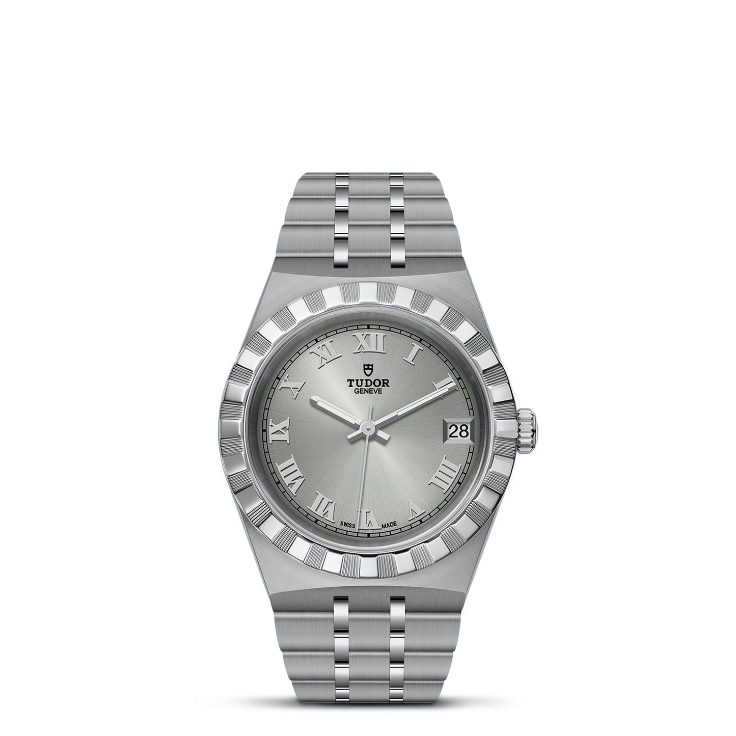 The TUDOR Royal, a men's watch from the TUDOR brand, boasts a stainless steel bracelet and a sophisticated silver dial. It features Roman numeral hour markers, a date window positioned at 3 o'clock, and a fluted bezel. This automatic sport-chic timepiece beautifully blends classic elegance with contemporary style.