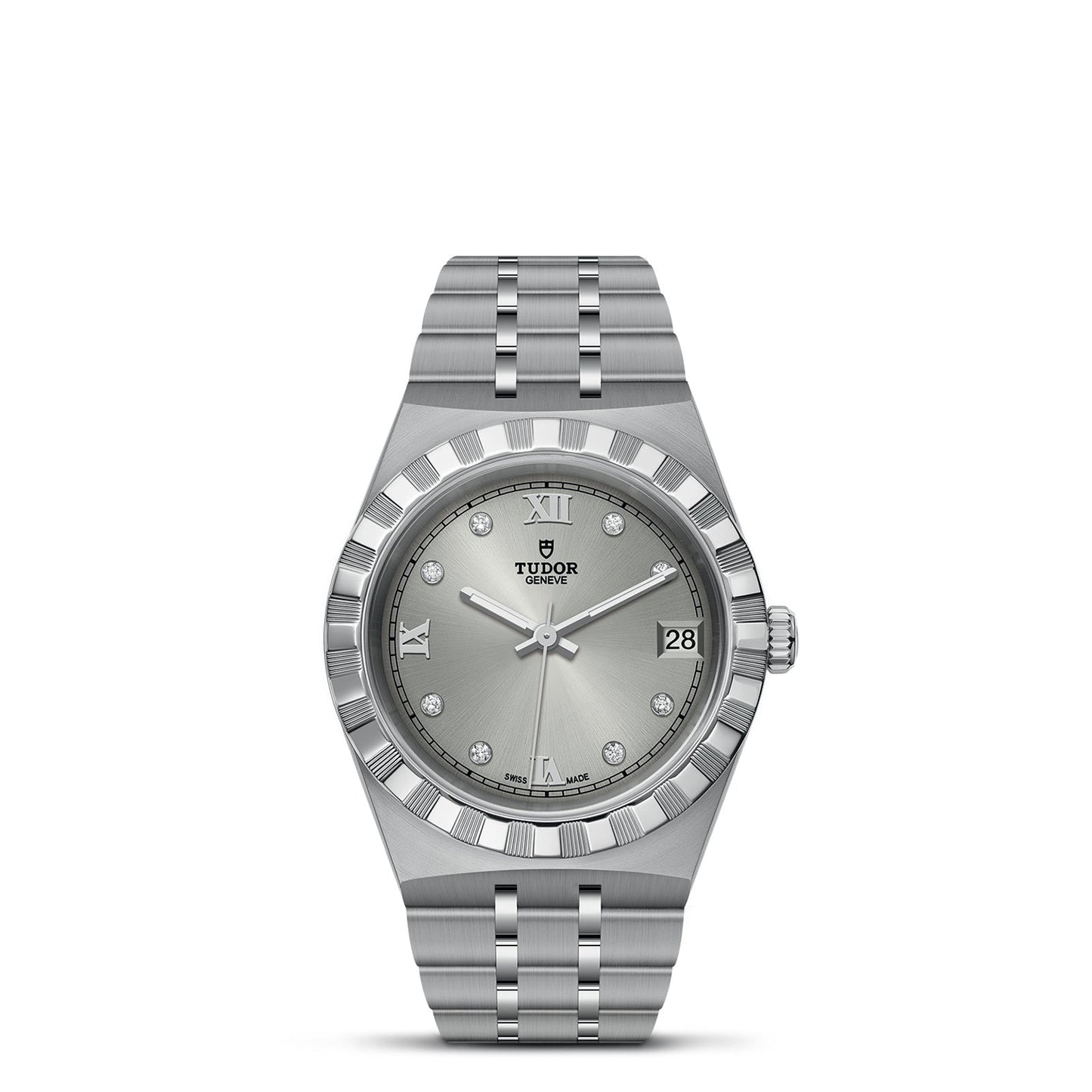 The TUDOR Royal, a sport-chic timepiece, highlights a silver Tudor watch with a stainless steel bracelet and a bezel adorned with intricate grooves. Its metallic gray dial is embellished with silver Roman numerals and diamond hour markers, enhanced by the presence of a date window at 3 o'clock for an elegant touch.