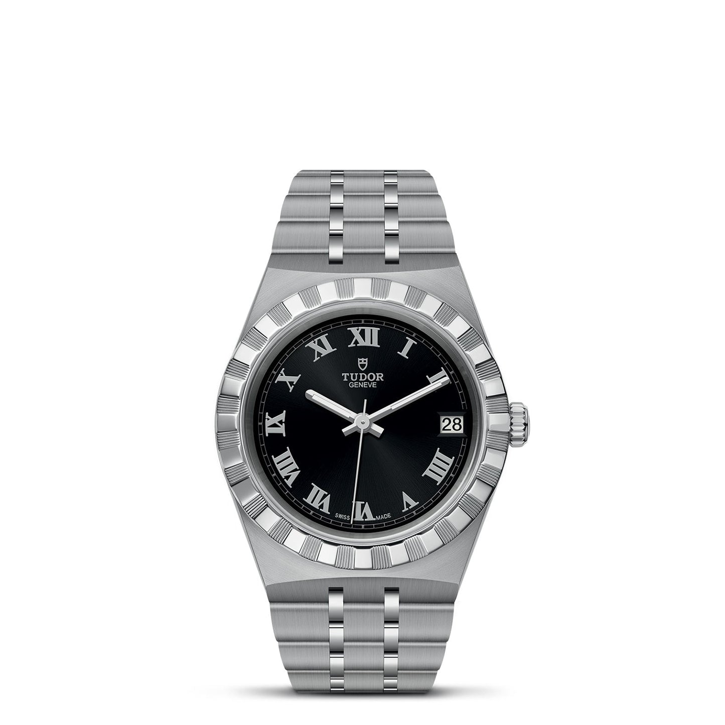 The TUDOR Royal by TUDOR boasts a silver case paired with a stainless steel bracelet, offering a perfect blend of sport-chic elegance. Its black dial features Roman numeral hour markers and includes a date display at 3 o'clock. With its grooved bezel and classic design, this automatic watch embodies timeless charm.