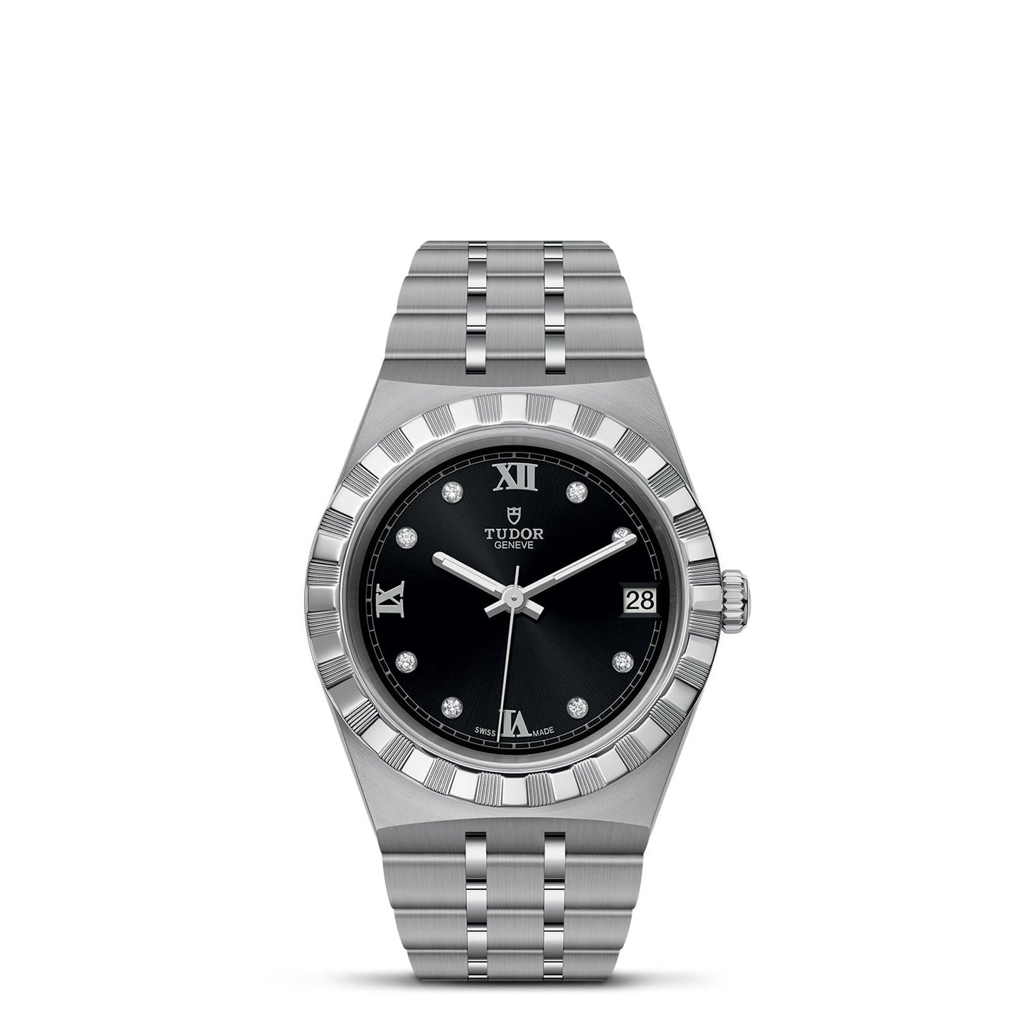 The TUDOR Royal, crafted by TUDOR, features a black dial adorned with Roman numerals at the 12 and 6 o'clock positions, diamond hour markers, and a date display located at 3 o'clock. This sport-chic watch boasts a sophisticated combination of stainless steel and gold on its brushed metal link bracelet.