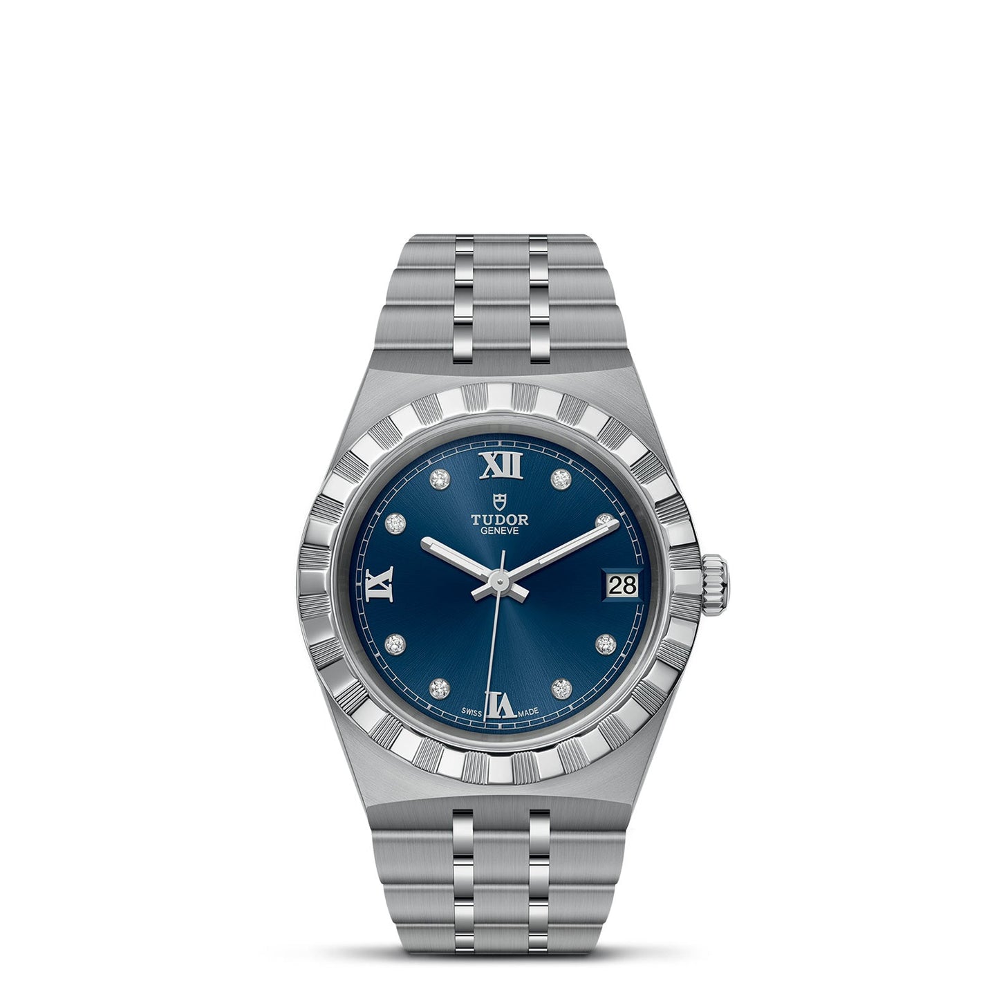 The TUDOR Royal is a sophisticated wristwatch that boasts a silver design with a captivating blue dial, complete with Roman numerals at 12 and 6. It features diamond hour markers and includes a date display at 3 o'clock. Complemented by a fluted bezel, its stainless steel bracelet elegantly combines sport-chic style with timeless elegance.