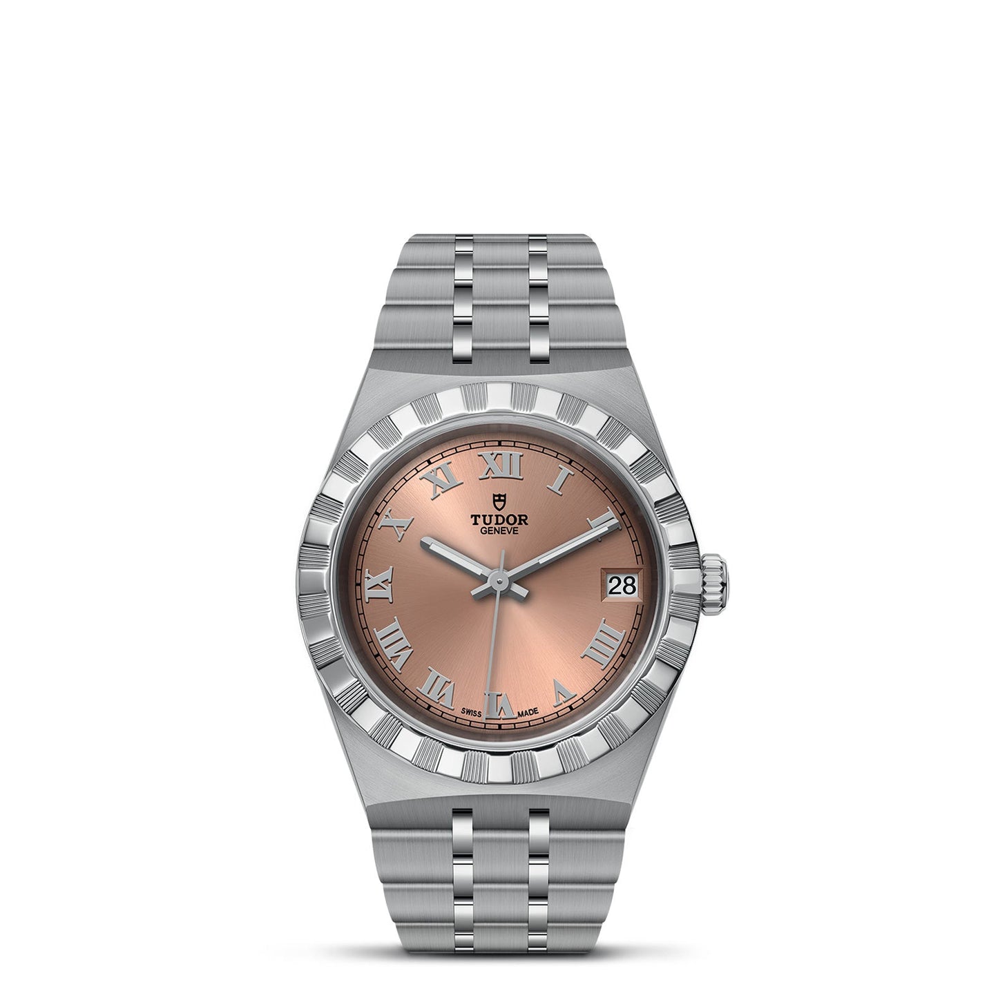 The TUDOR Royal from TUDOR showcases a silver metallic bracelet with integrated links. Its copper-colored dial, adorned with Roman numerals, exudes classic charm. The watch also features a fluted bezel that adds texture to its automatic sport-chic design and includes a date display at the 3 o'clock position.