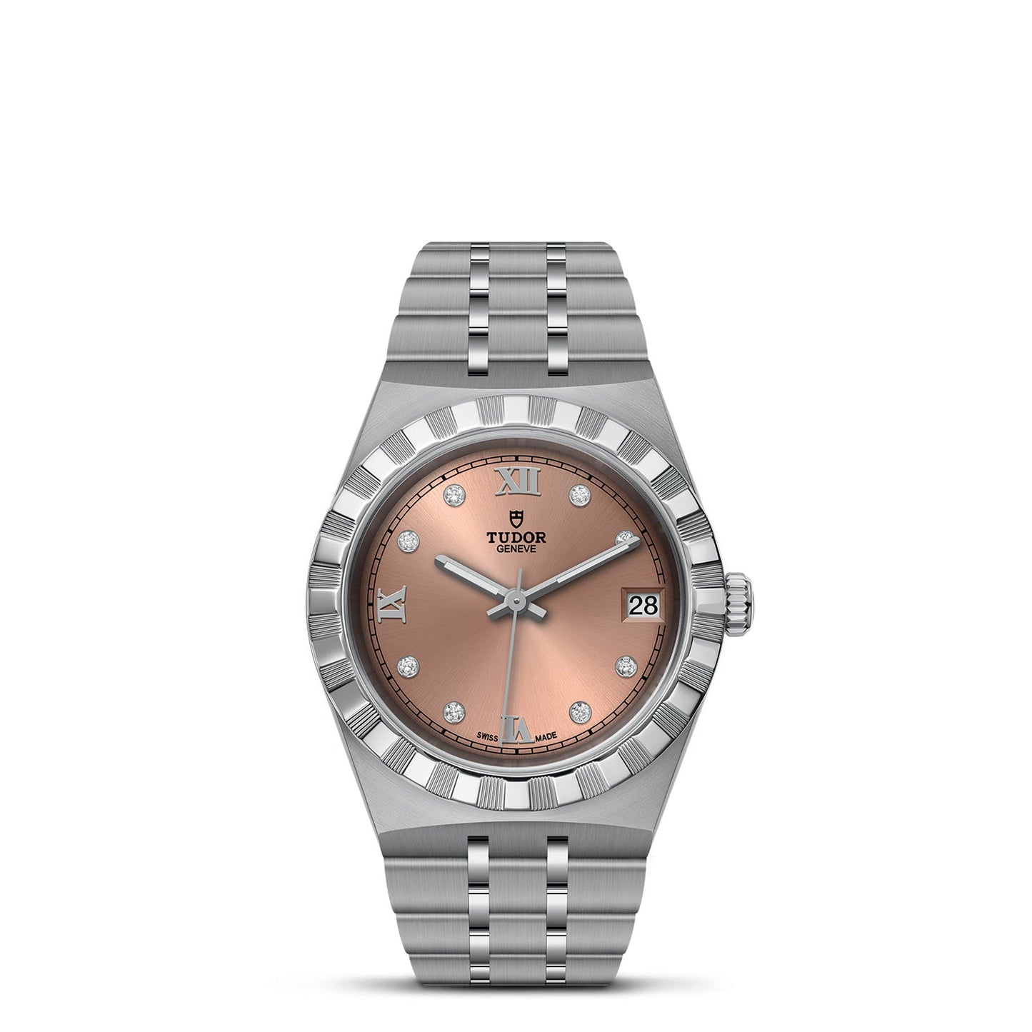 The TUDOR Royal is a luxury watch that showcases a stainless steel and gold bracelet, paired with a silver bezel and rose gold dial. It features Roman numerals, diamond hour markers, and a date window at 3 o'clock, embodying the essence of automatic sport-chic watches.
