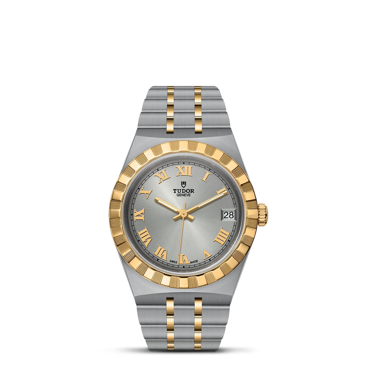 Discover the sophistication of the TUDOR Royal with this exquisite silver and gold watch by TUDOR. Its round dial is adorned with gold Roman numerals, a date display, and a fluted bezel. This automatic sport-chic creation boasts an integrated two-tone metal bracelet, epitomizing timeless elegance.